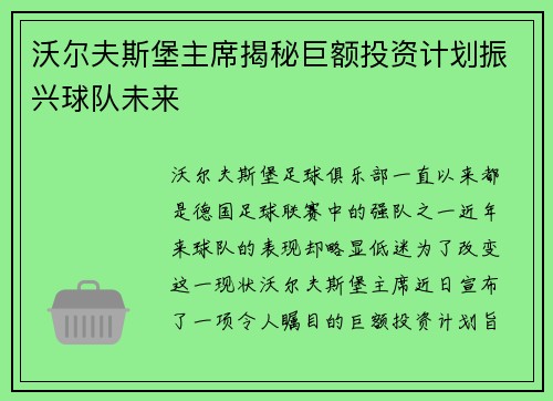 沃尔夫斯堡主席揭秘巨额投资计划振兴球队未来